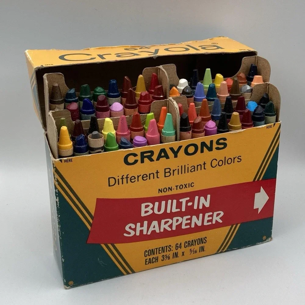 Vtg 1970's Crayola Crayons 64 Pack / With Sharpener / Worn Box / Partially Used